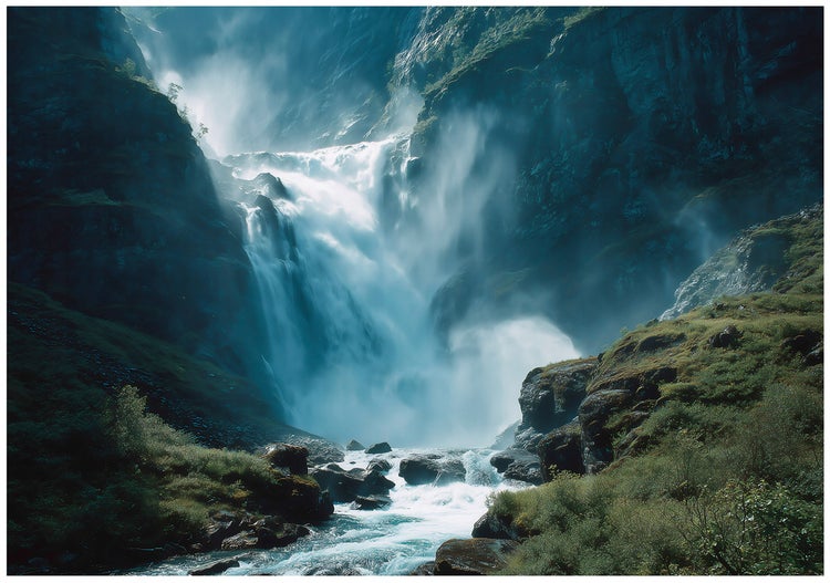 Wasserfall zwischen Felsen und Grünanlage