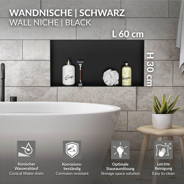 Schwarze Wandnische, 60 mal 30 Zentimeter, in Fliesenwand über Badewanne. Symbole für Wasserablauf, Korrosionsschutz und leichte Reinigung.