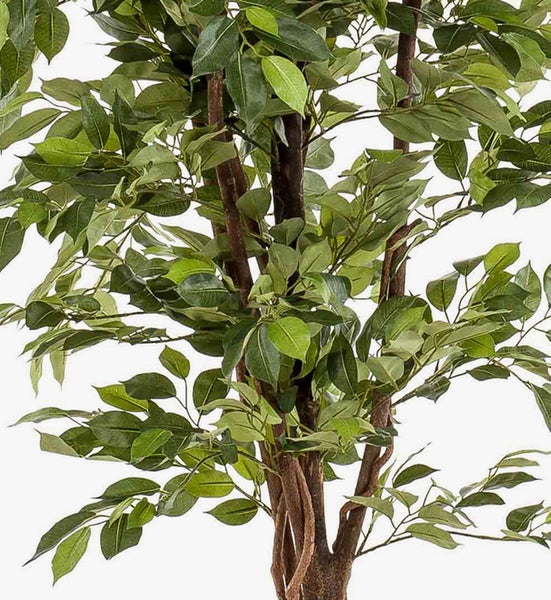 Künstliche Pflanze Ficus in einem beigefarbenen Pflanztopf mit horizontaler Rillenstruktur.