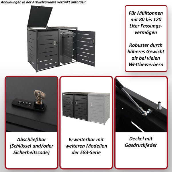 Anthrazitfarbene Mülltonnenbox für 80 bis 120 Liter, abschließbar mit Schlüssel oder Code, Gasdruckfeder am Deckel, modular erweiterbar.