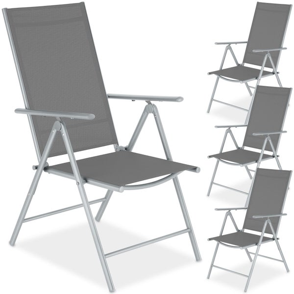 Set aus 4 grauen klappbaren Gartenstühlen mit Hochlehne, Aluminiumgestell und Textilgewebe.