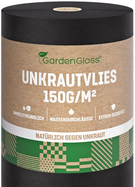 GardenGloss® 25m² Unkrautvlies Gartenvlies 150g/m² Extra Stark gegen Unkraut – Extrem Reissfest und Hohe UV-Stabilisierung – Unkrautfolie Wasserdurchlässig (25m x 1m, 1 Rolle)