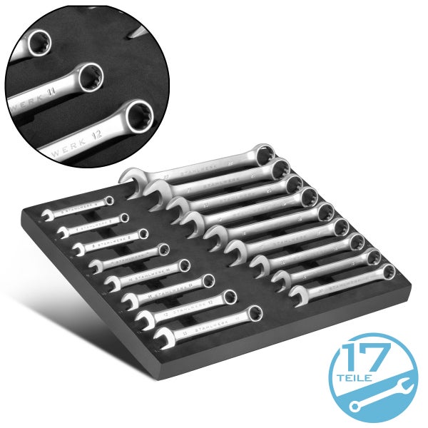 Set aus 17 Stahlwerk Maulschlüsseln in Werkzeugablage