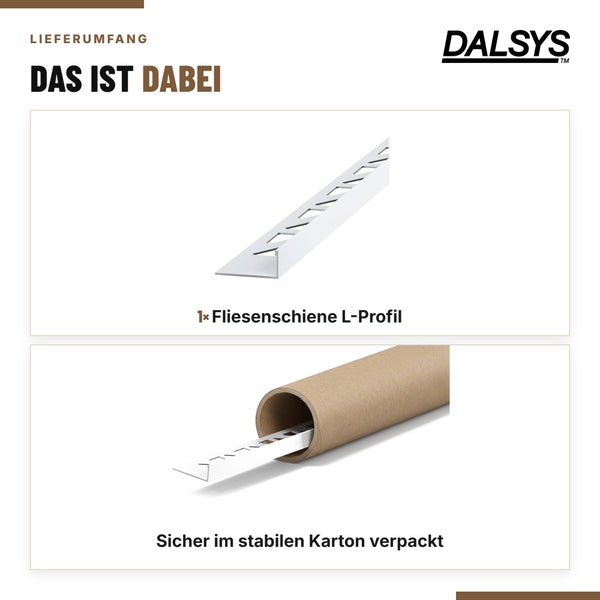 Lieferumfang von Dalsys: eine Fliesenschiene als L-Profil, verpackt in einer stabilen Papprolle für den sicheren Transport.