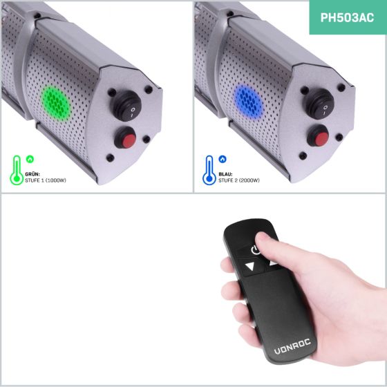 Vonroc Terrassenheizstrahler PH503AC mit zwei Leistungsstufen, 1000 Watt und 2000 Watt, inklusive Fernbedienung mit Vonroc Logo.