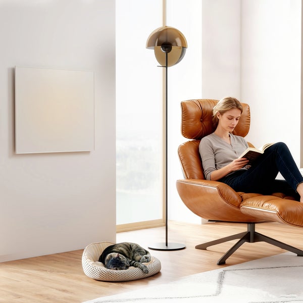 Illustration zur Produktsicherheit: Überhitzungsschutz, Sicherheitsstecker, flammbeständiges Material, Kindersicherung und Aluminiumrahmen