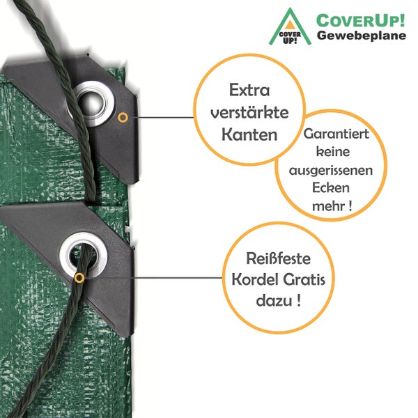 CoverUp! (2x3m) Abdeckplane Wasserdicht - Farbe: Grün, 120g/m², Gewebeplane mit ösen, Verstärkte Gummiecken - Plane Wasserdicht UV-Schutz für Gartenmöbel, Bauplane, zeltplane inkl 12m Seil, 2x3