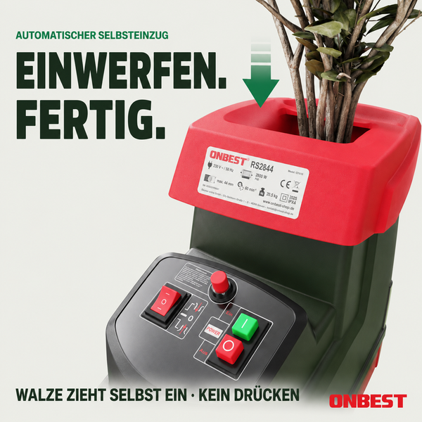 ONBEST Leisewalzenhäcksler RS2844 mit automatischem Selbsteinzug für Äste bis zu 44 Millimeter Durchmesser und 2800 Watt Leistung.