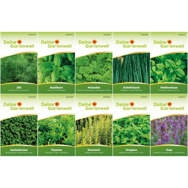 Kräutersamen-Set mit Deine Gartenwelt Logo: Dill, Basilikum, Petersilie, Schnittlauch, Pfefferminze, Gartenkresse, Thymian, Rosmarin, Oregano, Ysop.