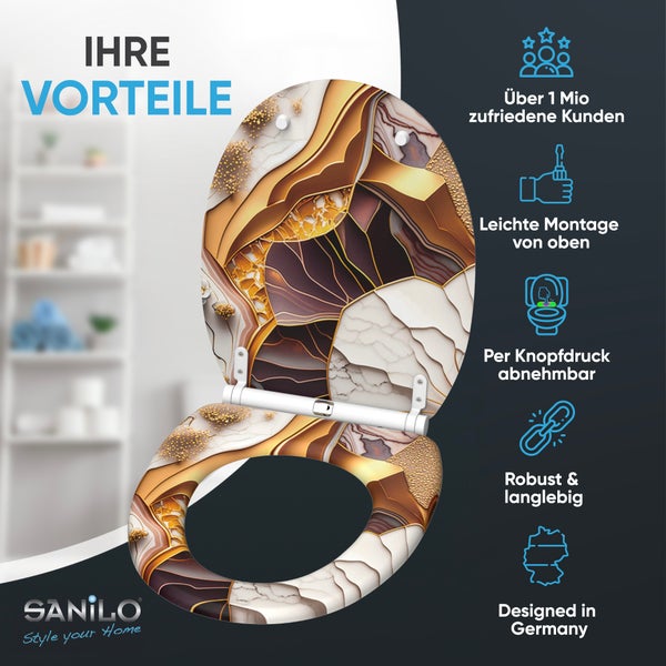 Sanilo WC Sitz mit dekorativem Muster und funktionalen Montagevorteilen für das Badezimmer.