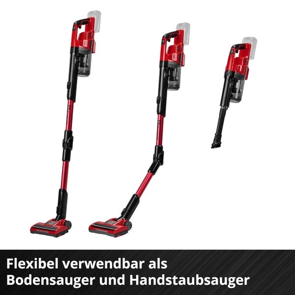 Einhell Akku-Staubsauger flexibel einsetzbar als Bodensauger mit knickbarem Saugrohr und als kompakter Handstaubsauger.