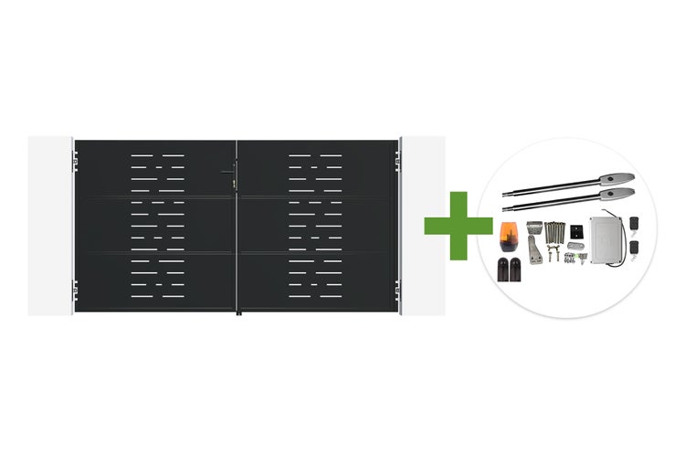 Doppelflügeltor aus Metall mit modernem Lamellendesign inklusive elektrischem Torantrieb Set