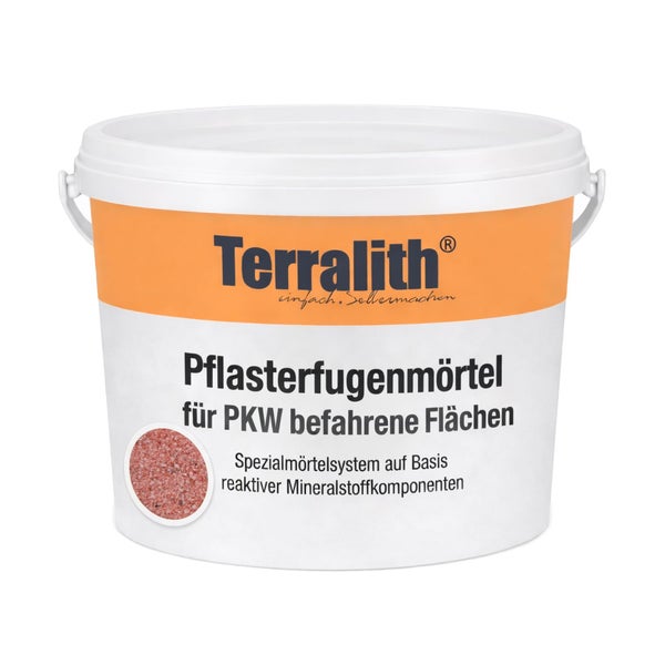 Terralith Pflasterfugenmörtel für PKW befahrene Flächen im Eimer für reaktive Mineralstoffkomponenten.