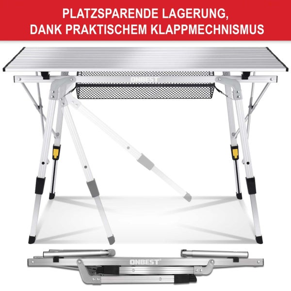 Silberner Onbest Campingtisch aus Aluminium mit Klappmechanismus und Netzablage für platzsparende Lagerung.