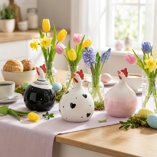 Drei dekorative Keramik Hühnerfiguren als Osterdekoration auf einem gedeckten Esstisch mit Frühlingsblumen und bemalten Ostereiern.