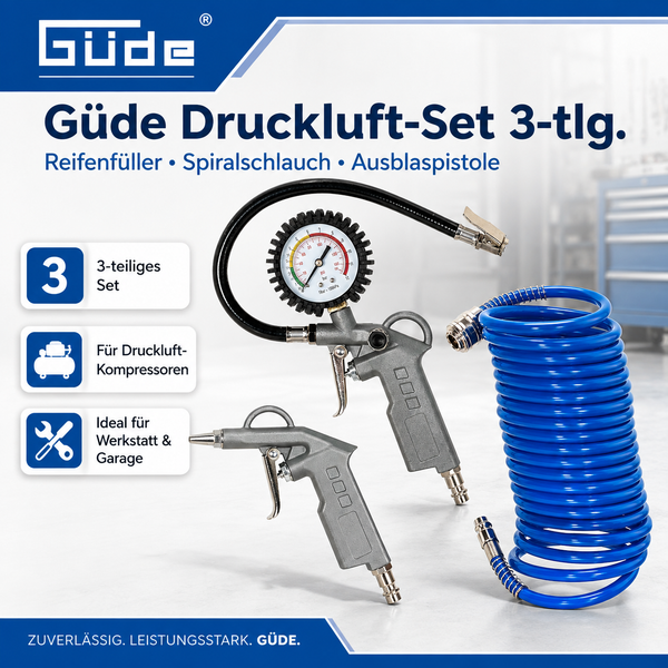 Güde Druckluft Set dreiteilig mit Reifenfüller, Spiralschlauch und Ausblaspistole für Kompressoren.