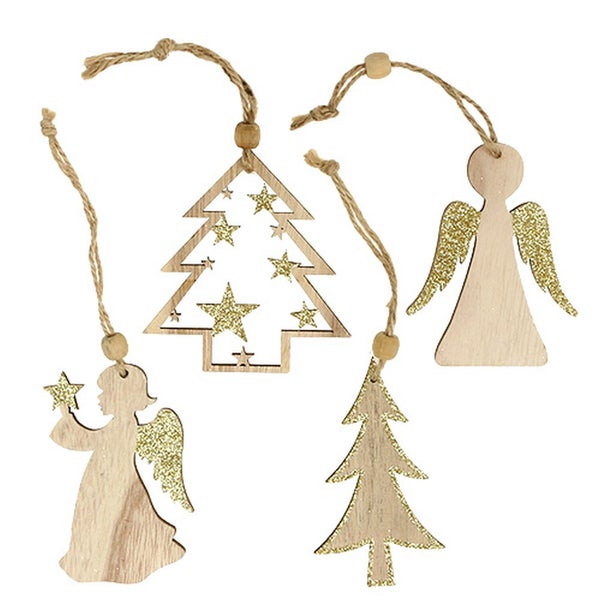 Weihnachtsbaumschmuck aus Holz mit Engel- und Tannenbaumdesign