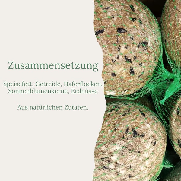 Futterknödel im Netz, bestehend aus Speisefett, Getreide, Haferflocken, Sonnenblumenkernen und Erdnüssen
