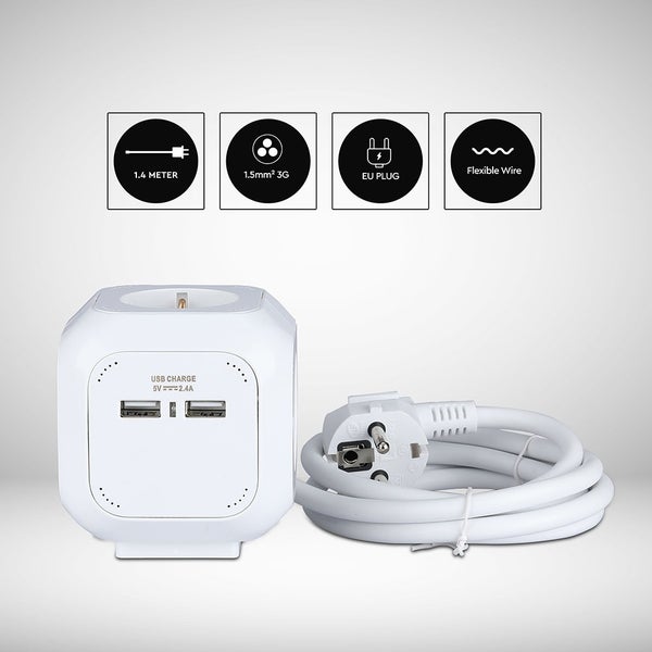 Weißer Steckdosenwürfel mit zwei USB-Ladeanschlüssen, 1,4 Meter Kabel mit europäischem Stecker sowie Symbolen für Kabellänge und Flexibilität.