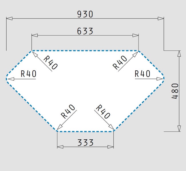 Technische Zeichnung mit Maßangaben: 930, 633, 480 und 333 Millimeter sowie Radien R40