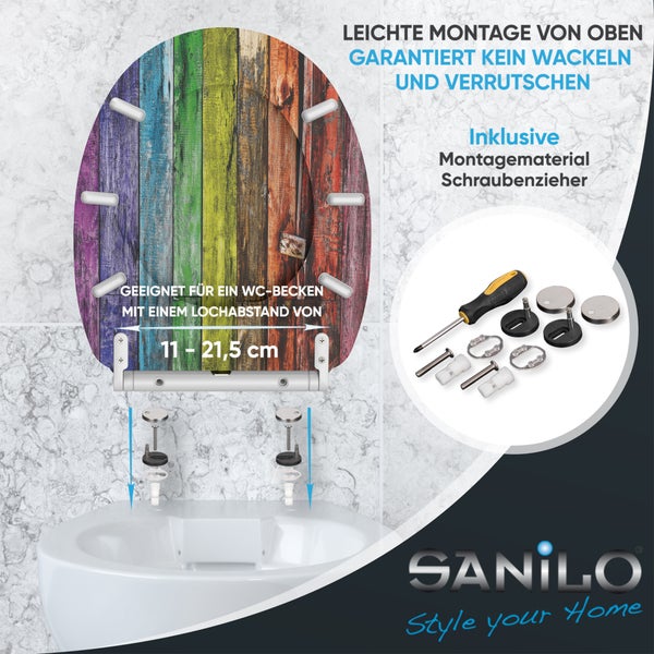Toilettensitz mit Holzdekor, Montage für Lochabstände von 11 bis 21,5 Zentimeter, Montagematerial und Schraubenzieher enthalten, Sanilo Logo.