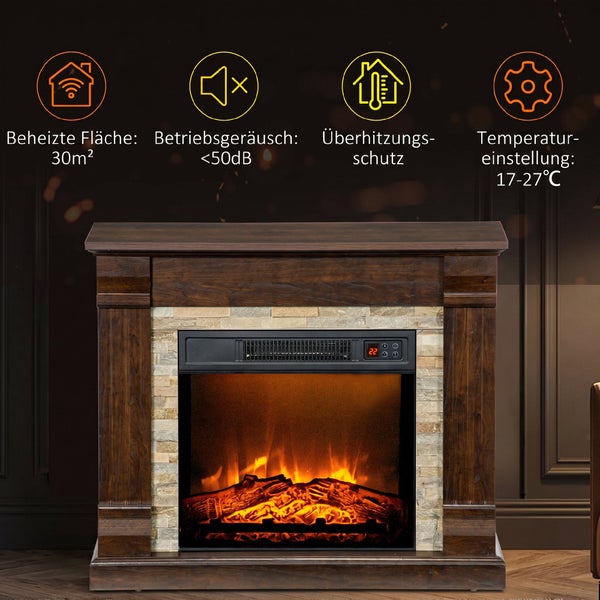 Elektrischer Kamin mit Holzrahmen und Steinoptik, heizt 30 Quadratmeter, geräuscharm unter 50 Dezibel, Überhitzungsschutz, einstellbar 17 bis 27 Grad.