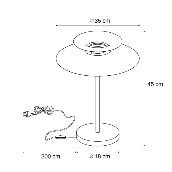 Maße der Tischlampe: Höhe 45 Zentimeter, Schirmdurchmesser 35 Zentimeter, Fußdurchmesser 18 Zentimeter, Kabellänge 200 Zentimeter.
