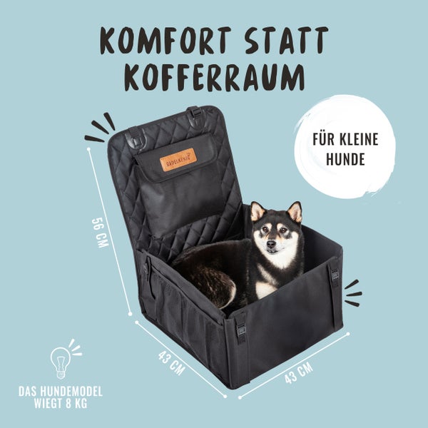 Schwarze Hundetransportbox mit Hund und den Maßen 56 x 43 x 43 cm