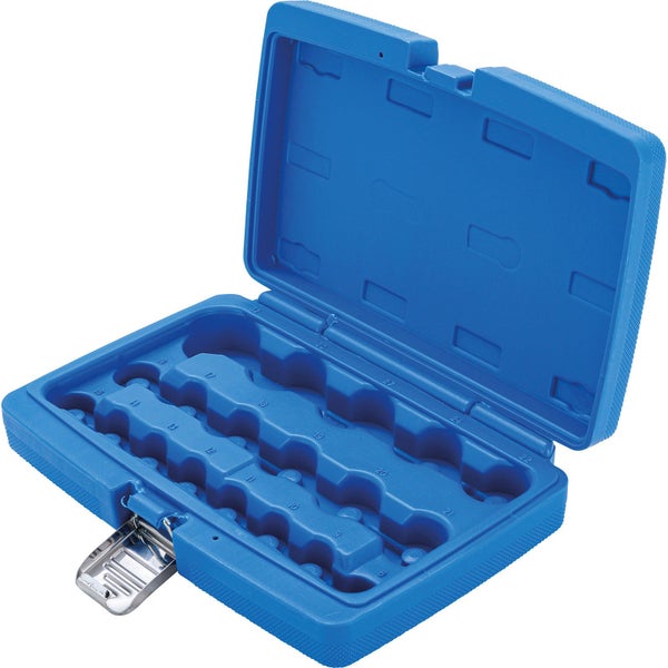 Offener blauer Werkzeugkasten mit Fächern zur Aufbewahrung von Werkzeugen.