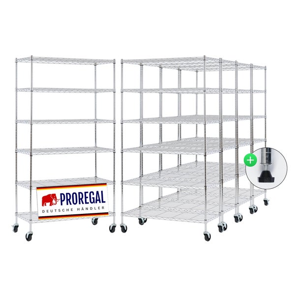 Proregal Gitterregale aus Chrom mit sechs Ebenen, inklusive Rollen und verstellbarer Standfüße für flexible Lagerung. Proregal Logo.