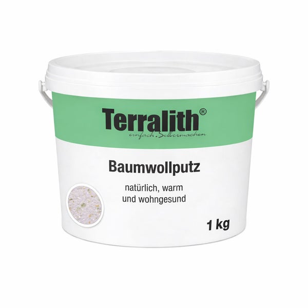 Terralith Baumwollputz im 1 Kilogramm Eimer, natürliche Wandbeschichtung für gesundes Wohnen.