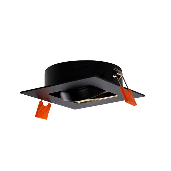 Schwarzer, quadratischer Einbaustrahler mit runder Lichtquelle und orangefarbenen Montagefedern.