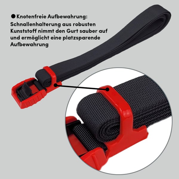 Spanngurt mit integrierter Schnallenhalterung aus robustem Kunststoff zur knotenfreien und platzsparenden Aufbewahrung.