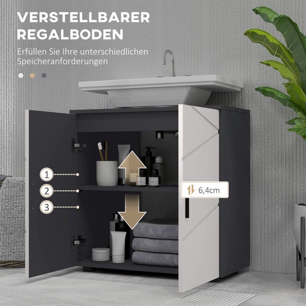 kleankin Waschbeckenunterschrank Unterschrank mit Verstellbarer Ablage, Waschtischunterschrank mit Griff, Badunterschrank mit Kippschutz, Grau, 60 x 30 x 60 cm