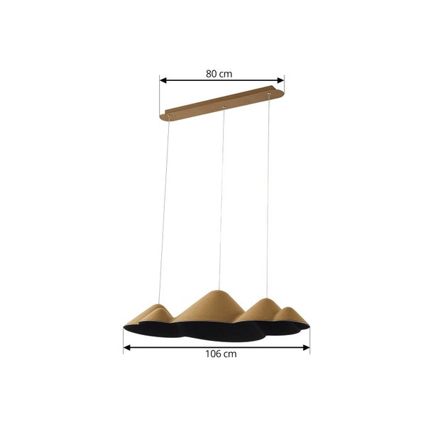 Akustik-Pendelleuchte mit wellenförmiger Silhouette, Schirmbreite 106 Zentimeter und Deckenhalterung 80 Zentimeter breit.