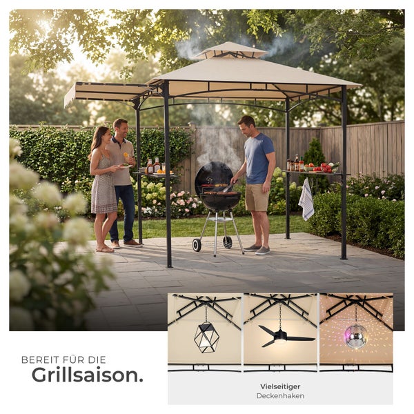 Grillpavillon mit Rauchabzug und Seitenablagen. Ein Mann grillt darunter. Details zeigen Deckenhaken für Lampe, Ventilator und Discokugel.