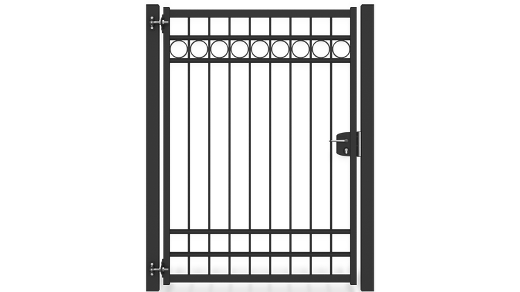 Gartentor ZAUNGURU BASIC-Linie Oldenburg Kreis aus Metall, Höhe: 183cm, Breite: 150cm, 1-flügelig inkl. Pfosten, Schloss und Zubehör, Feuerverzinkt und in RAL 7016 Anthrazitgrau pulverbeschichtet
