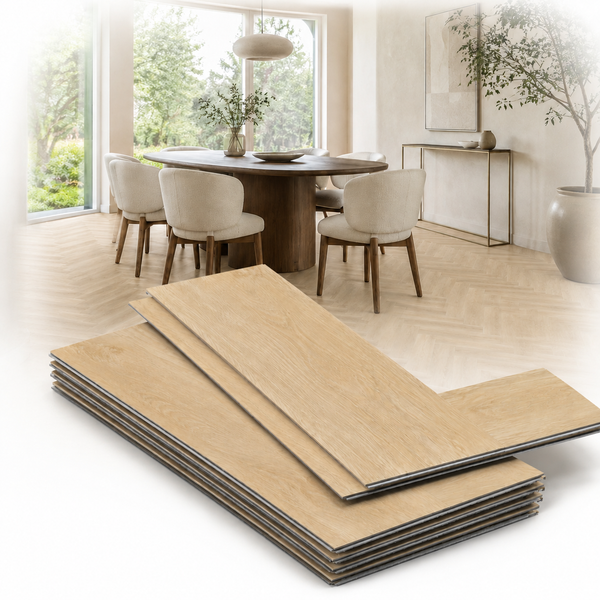 Stapel aus Eichenholz Optik Bodenbelag Planken vor einem hellen, modernen Esszimmer mit Fischgrätparkett.