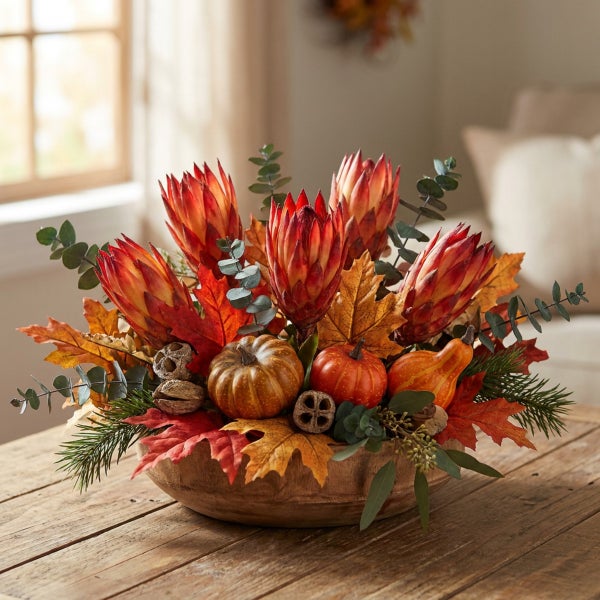 Herbstliche Tischdekoration in einer Holzschale mit Proteen, Kunstkürbissen, Ahornblättern und Eukalyptuszweigen auf einem Holztisch.