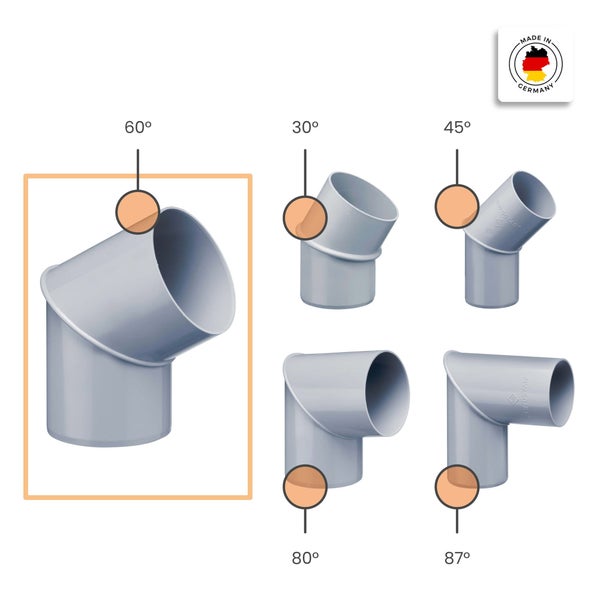 HT-Bögen in den Ausführungen 30, 45, 60, 80 und 87 Grad, hergestellt in Deutschland.
