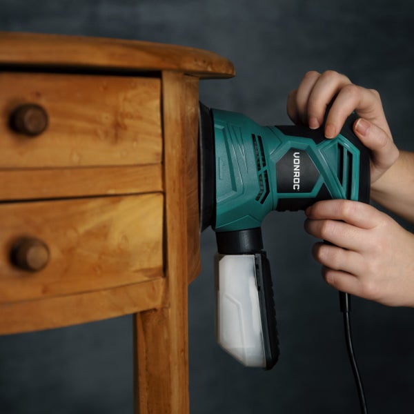 VONROC Exzenterschleifer elektrisch, Schleifmaschine - Handschleifer mit Staubbehälter 300W, 13.000/min, 125mm, Variable Geschwindigkeit - Ideal für Holz, Kunststoff, Metall - inkl. 12 Schleifpapier