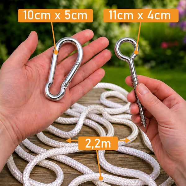 Karabinerhaken 10 mal 5 Zentimeter, Augenschraube 11 mal 4 Zentimeter und ein 2,2 Meter langes Seil.