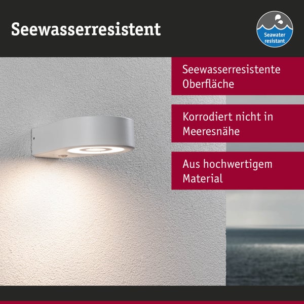 Seewasserresistente Außenwandleuchte an einer Wand, korrosionsbeständig in Meeresnähe, aus hochwertigem Material.