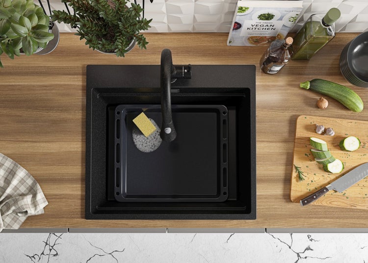 PRIMAGRAN Spülbecken Anthrazit 58x53cm, Granitspüle 1 Becken + Ablauf-Set + Aufrollbare Abtropffläche, Küchenspüle ab 60er Unterschrank - Oslo Max
