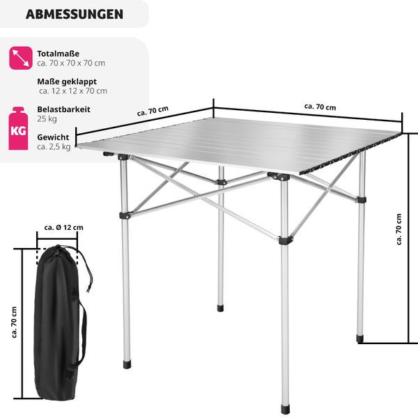 Campingtisch tectake  70 x 70 x 70 cm klappbar grau