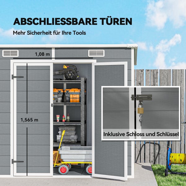 Gartenhaus mit abschließbaren Doppeltüren, inklusive Vorhängeschloss und Schlüsseln. Regalsystem innen. Maße circa 1,08 Meter mal 1,565 Meter.