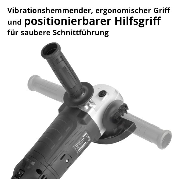Winkelschleifer mit vibrationshemmendem, ergonomischem und positionierbarem Zusatzgriff für saubere Schnittführung