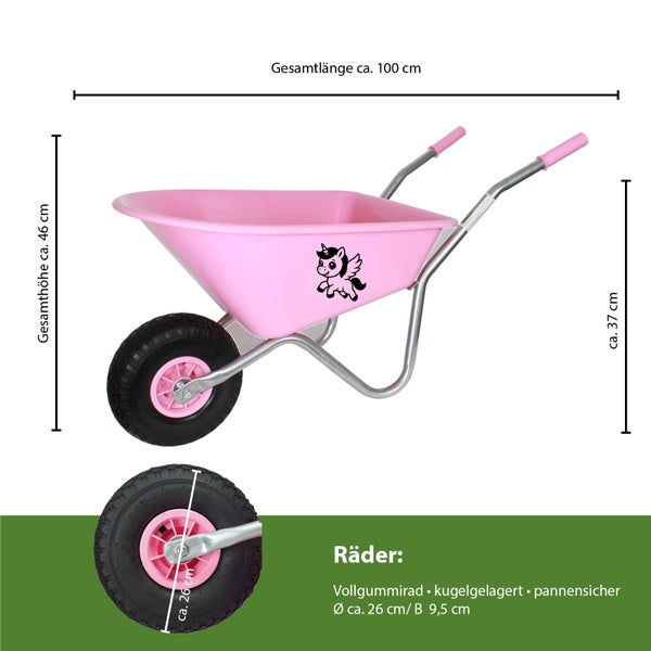 Rosa Kinder-Schubkarre mit Einhorn-Motiv, Gesamtlänge circa 100 cm, pannensicheres Vollgummirad, kugelgelagert, Raddurchmesser circa 26 cm.