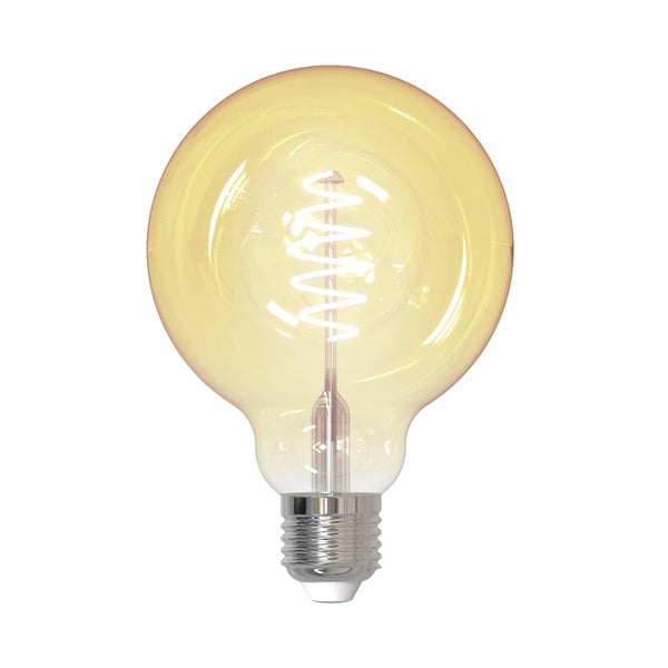 LED-Filament-Globelampe E27 in Vintage-Optik mit Spiralfilament und bernsteinfarbenem Glas.