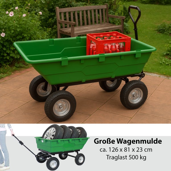 Grüner Bollerwagen mit Getränkekasten im Garten